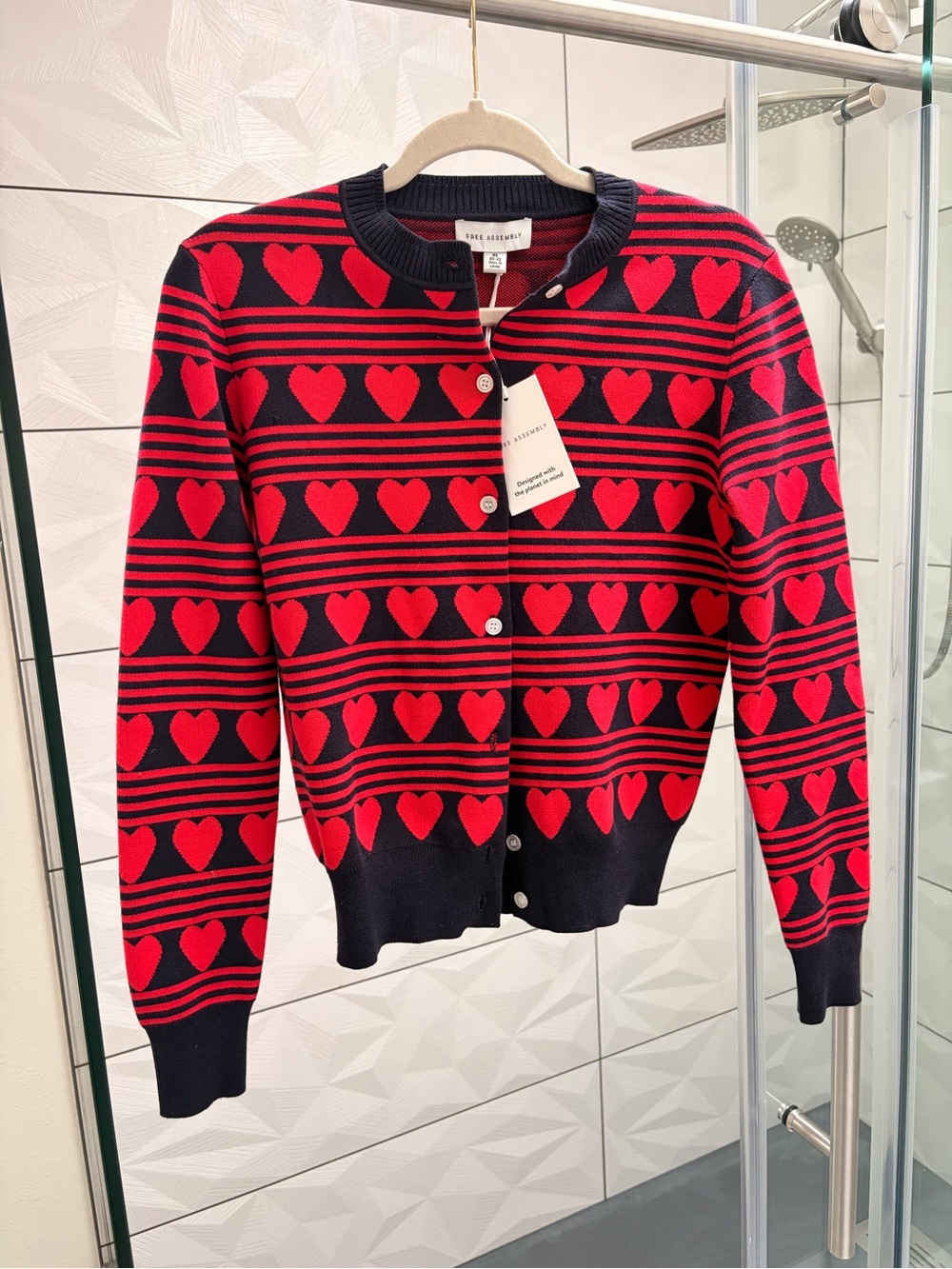 Red & Blue Heart-Pattern Cardigan Sweater